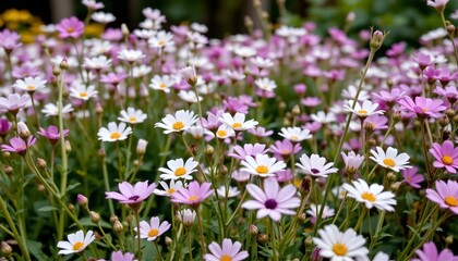 Obraz premium a vibrant display of daisy flowers in full bloom, with their characteristic white and yellow petals arranged around a purple center