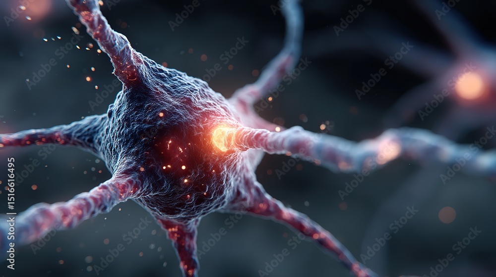 Poster close-up neural cell network with glowing synapse, futuristic brain connection visualization, 3d sci