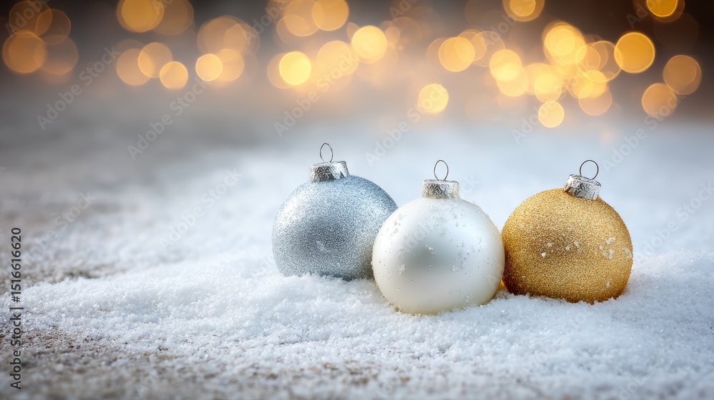 Aufkleber elegant silver, white, and gold christmas ornaments nestled in soft frost illuminated by warm golden