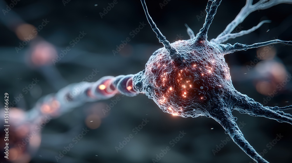 Poster close-up neural cell network with glowing synapse, futuristic brain connection visualization, 3d sci