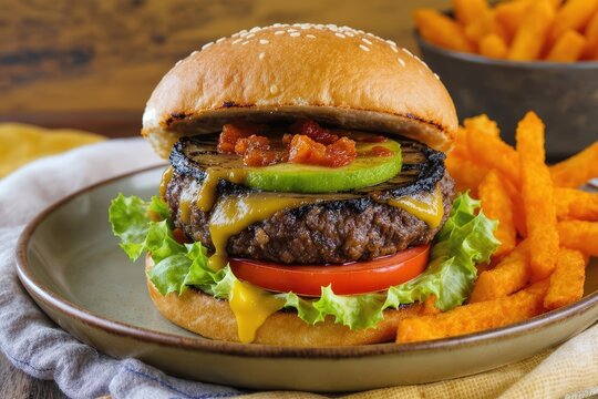 Gourmet Burger with Grilled Zucchini, Tomato Relish, and Sweet Potato Fries on Rustic Plate - Powered by Adobe