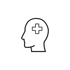 Simple line art icon depicting a head with a cross inside, symbolizing mental health and well-being.