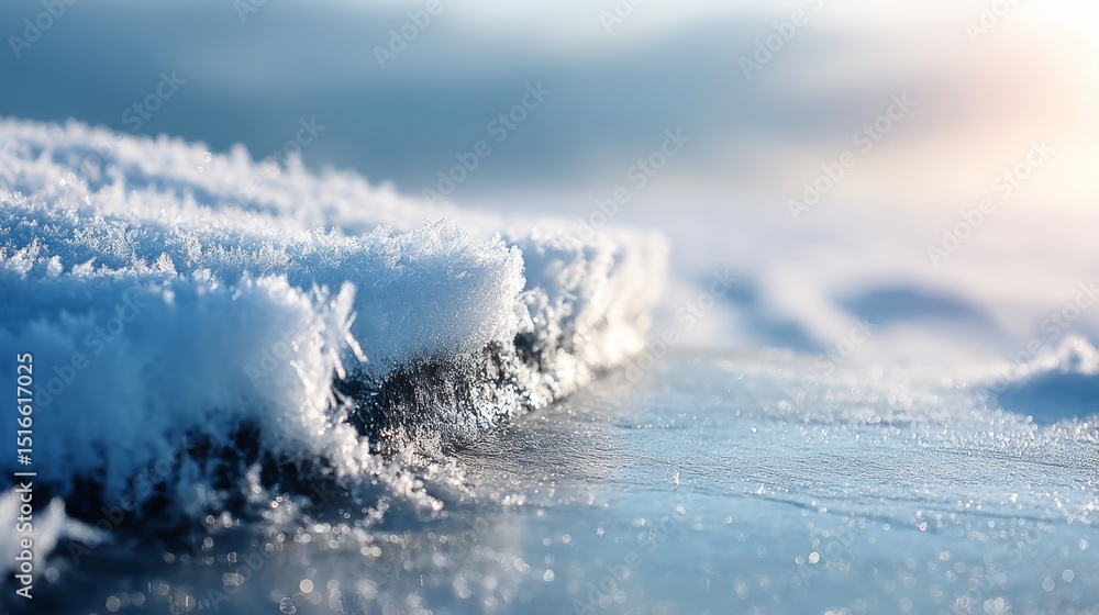 Poster Closeup of sparkling frost on smooth icy surface with soft winter sunlight and ample copy space for seasonal background