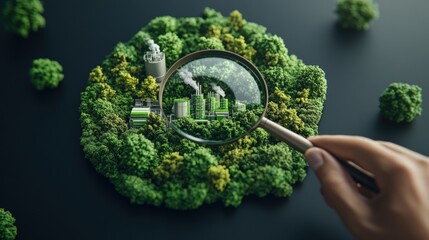 Eco friendly city planning concept with magnifying glass focusing on green urban development model
