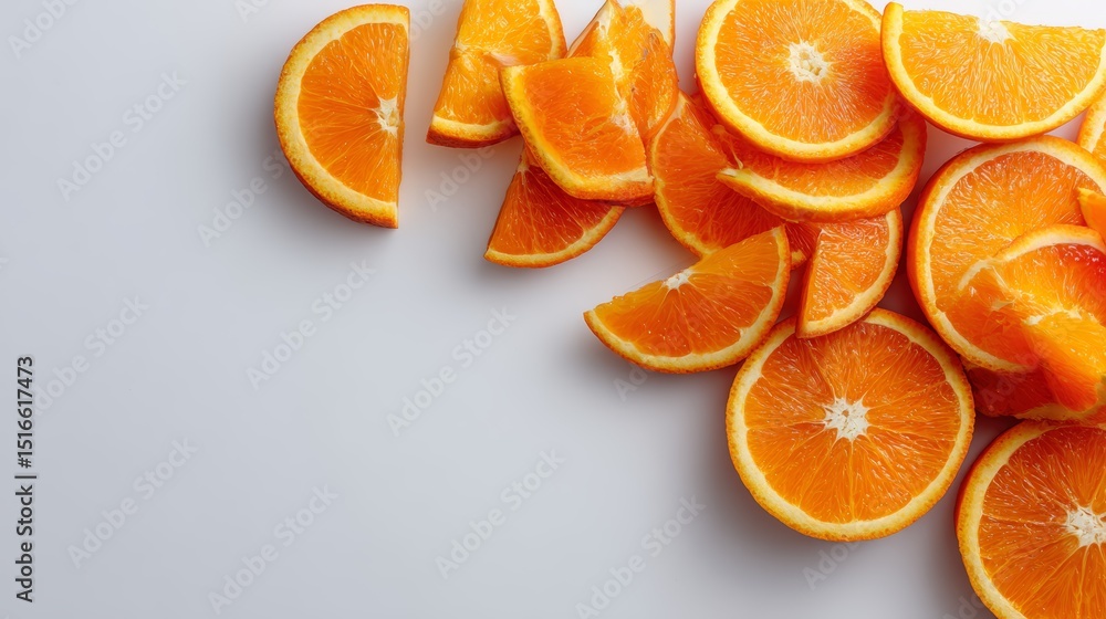 Poster Bright closeup of vibrant orange slices arranged in a circular pattern on a white background with fresh zesty texture and ample space for text
