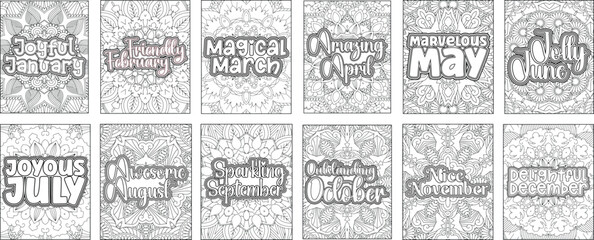 Obraz premium 12 Month Name Coloring Page for Adults. 12 Months Mandala Coloring Page