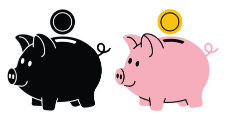Piggy Bank Icon Set Vector – Savings, Finance, Investment, and Budget Symbols Outline & Solid. Transparent background