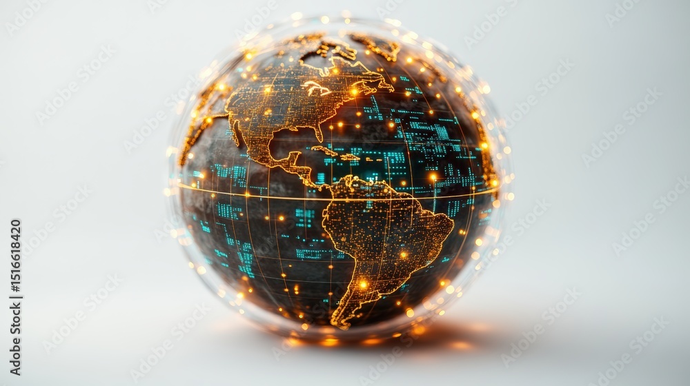 Poster futuristic glowing digital globe with interconnected technology lines and illuminated world map desi