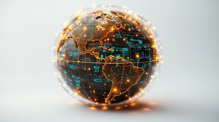 Futuristic glowing digital globe with interconnected technology lines and illuminated world map design