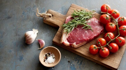Fresh raw ribeye steak with rosemary garlic and cherry tomatoes on rustic wooden cutting board against slate background for grilling and cooking