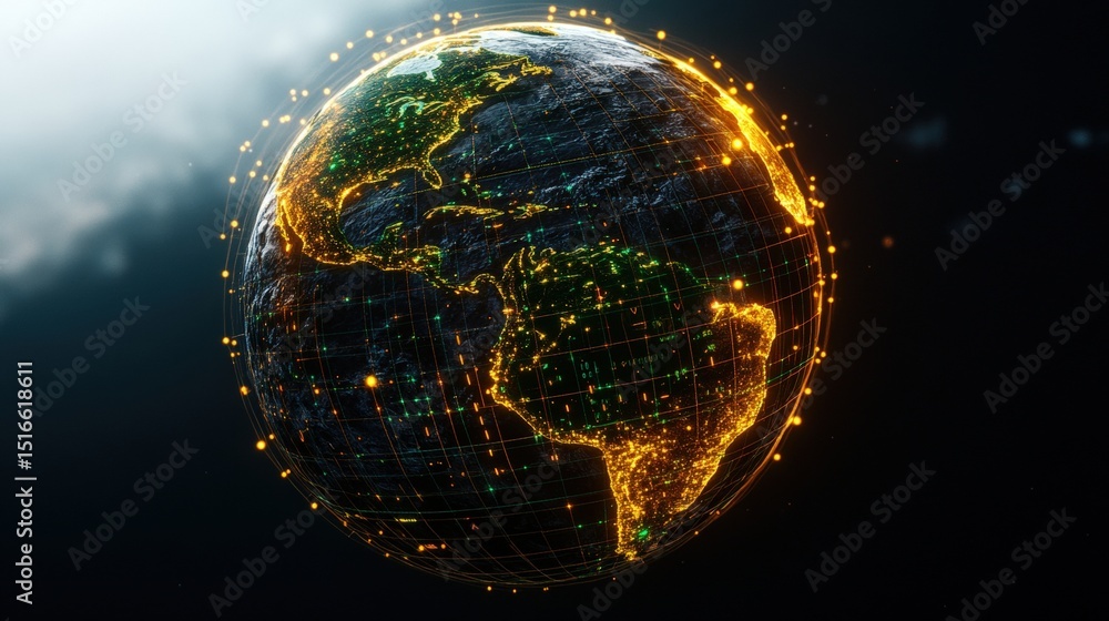Poster illuminated digital globe showing continents and networks with glowing city lights in space