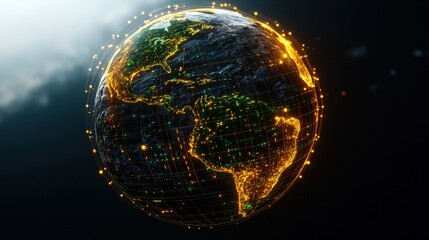 Illuminated digital globe showing continents and networks with glowing city lights in space
