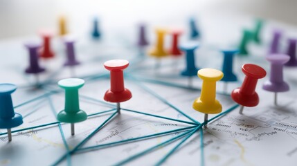 Colorful pins and string on detailed regional map highlighting travel routes and logistics networks for business and planning purposes