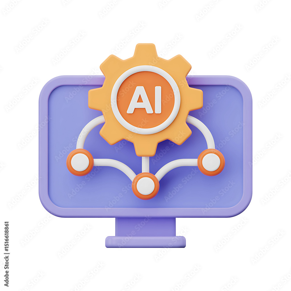 Poster a computer monitor displaying an orange gear with ai inside connected to three nodes by white lines 