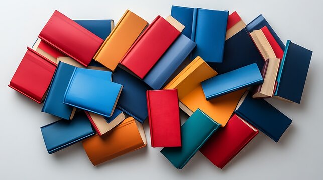 Colorful hardcover books arranged in a diagonal pattern on a flat surface