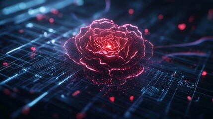 Futuristic digital representation of a glowing pink electrical rose flower with interconnected technology elements