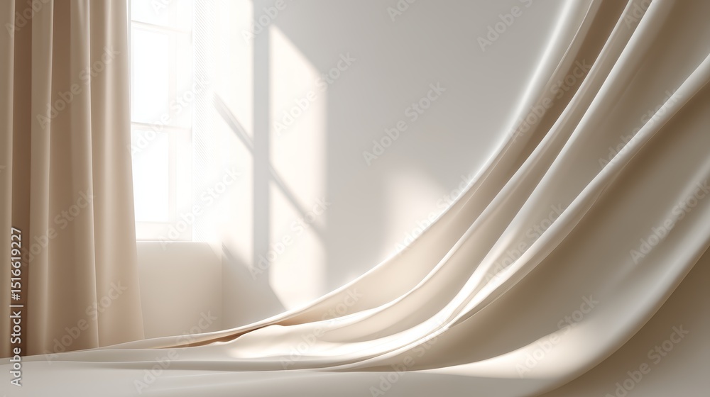 Aufkleber Soft ivory textured wall with delicate light and shadow patterns from sheer curtains and minimalist beige backdrop with copy space for elegant design mockups