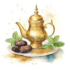 Traditional Moroccan mint tea in watercolor with a plate of dates. A traditional drink from the Maghreb, with golden colors. Ideal for cultural and religious events, Eid, Ramadan, and birthdays.