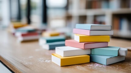 Vibrant classroom scene featuring colorful stack of notebooks and whiteboard erasers on wooden desk with scattered marker dust and soft daylight