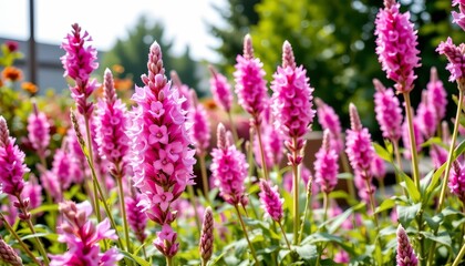 a tranquil garden scene with vibrant pink flowers that are in full bloom. the flowers are interspersed with green foliage and stand out against the softer background