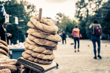 Traditional Greek Sesame Bread Rings (Koulouri) on Street Vendor’s Stick in Athens

