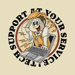 retro cartoon technician mascot emerging from laptop emblem