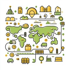 Colorful illustrated world map showcasing various landmarks, transportation, and nature elements