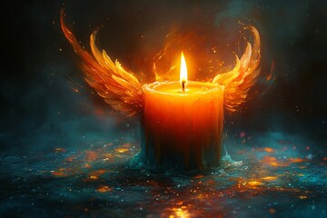 A surreal digital painting of a glowing candle with wings, perfect for artistic projects, fantasy themes, or soothing evening ambiance.