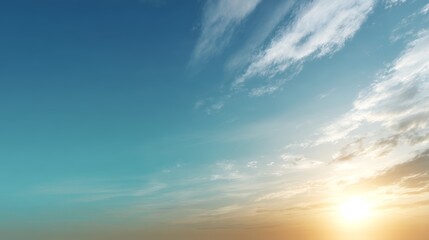 Serene digital landscape featuring soft wispy clouds drifting across a vibrant turquoise sky with gentle sunlight, evoking calmness and dreaminess with ample copy space on the left