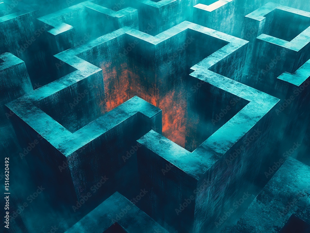 Poster complex labyrinth structure with glowing core in a surreal foggy setting