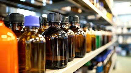 Various Amber Glass Bottles on Shelves