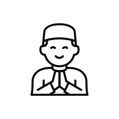 Line art illustration of a smiling Muslim man, hands pressed together in prayer or greeting.