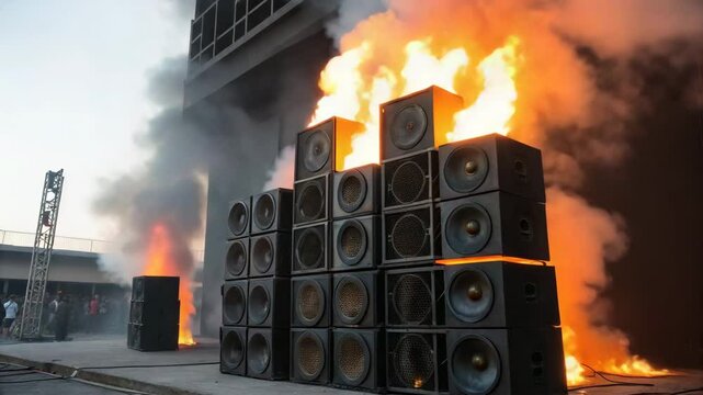 Large stack of speakers engulfed in flames with smoke rising  