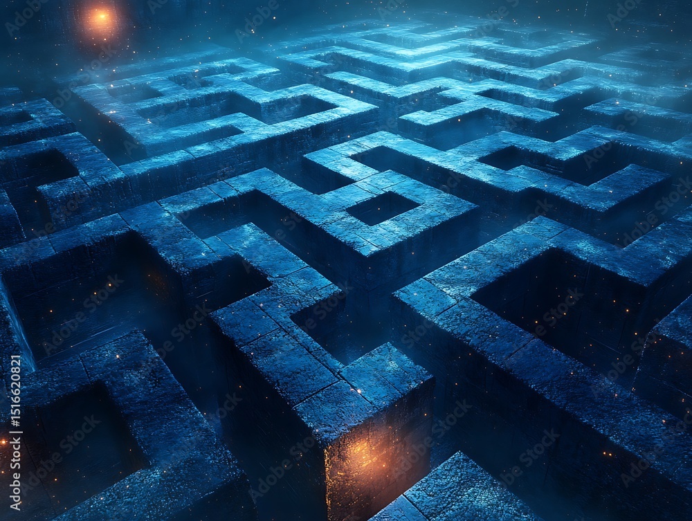 Poster abstract maze structure with mysterious lighting and deep blue tones