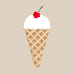 Ice cream cone with cherry on top. Waffle cone with white ice cream and vibrant red cherry. Vector illustration for food related content or advertisements