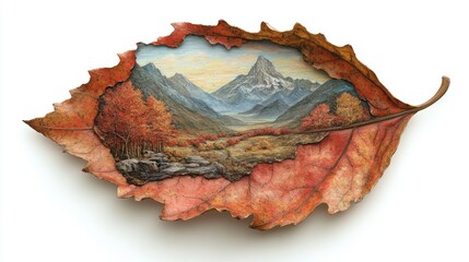 Miniature landscape painting nestled within a dried leaf.