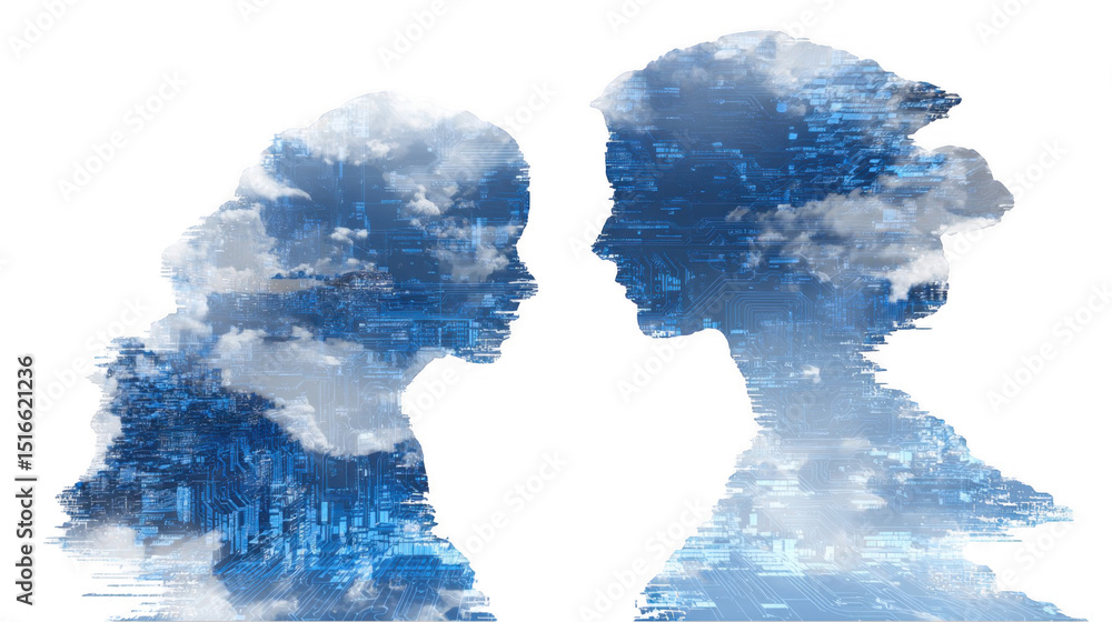 Poster two human head silhouettes facing each other are filled with a digital cloud computing and circuit b