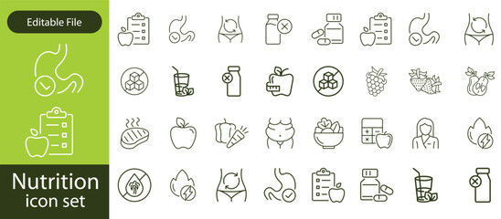 Nutrition set of web icons in line style. Healthy food linear icon collection. Containing food, vegetables, water, palm oil free, сaunt calories, zero trans fat, probiotics and more.