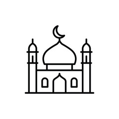 Simple line drawing of a mosque, featuring a dome, minarets and crescent moon.