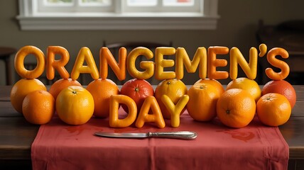 Creative food art displays "orangemen's day" crafted with oranges and festive holiday theme