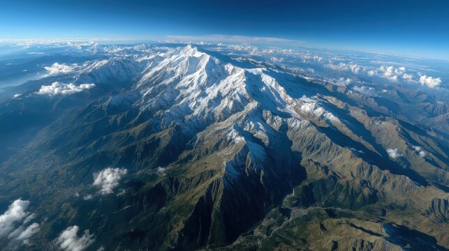 Aerial view of a majestic snow-covered mountain range under a clear blue sky