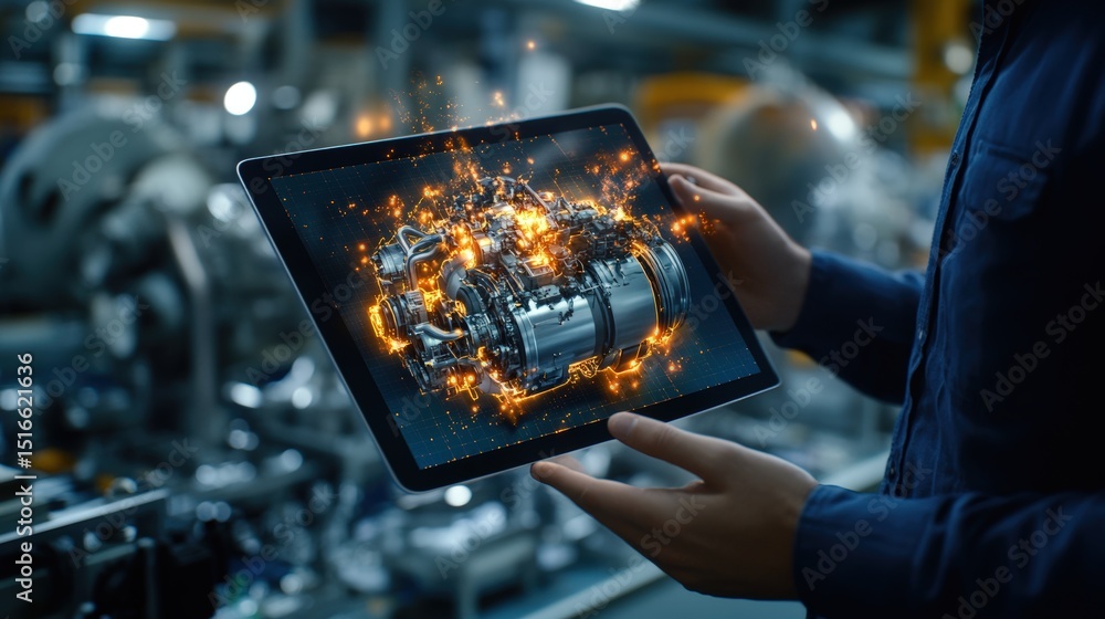 Poster technician working on digital tablet near machinery with glowing interactive industrial interface an