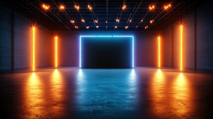 Wide Empty Stage with Neon Frame and Stage Lights in Dark Arena for Performances