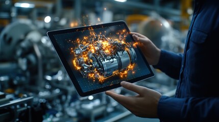 technician working on digital tablet near machinery with glowing interactive industrial interface and technology background