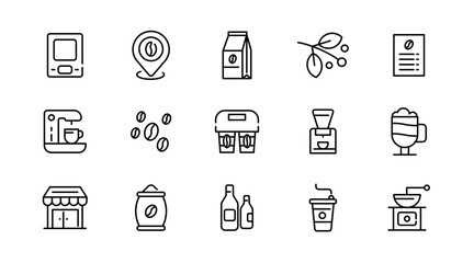 Coffee linear icon set. Latte, drink, coffee beans, roasting, breakfast, morning tea, coffee shop, mug, cup, coffee machine, sugar, caffeine, outline icon collection. UI thin vector icon pack