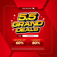 5.5 Grand Sale discount deals Deep Red gradient Editable text effect Simple Dynamic Background Promotion Marketing banner
