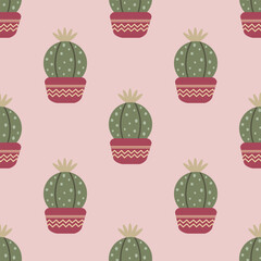 Cactus and succulent plants seamless pattern. Seamless pattern of cute cacti and succulents in pots. Simple cartoon vector style.