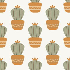 Cactus and succulent plants seamless pattern. Seamless pattern of cute cacti and succulents in pots. Simple cartoon vector style.