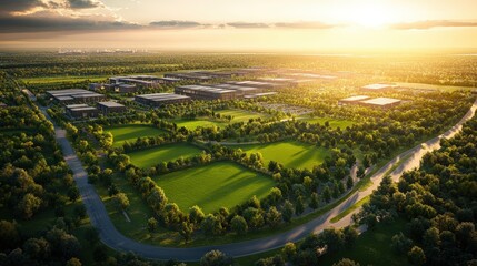 Aerial view of lush green landscape with extensive sports fields and surrounding trees under golden sunset sky