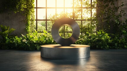 Modern minimalist circular sculpture placed on a concrete pedestal in lush greenery indoors with sunlight streaming through large